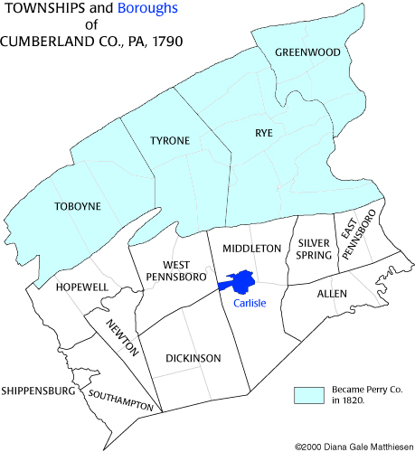 Township map of Cumberland Co., PA, in 1790 (includes Perry Co.).