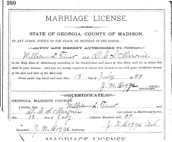 Marriage License of William L. TINTER & D.C.S. MARONIE.