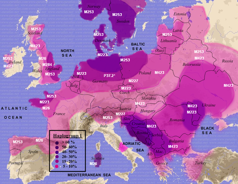 Distribution Map of Haplogroup I, released to the public domain by Hxseek at Wikipedia.