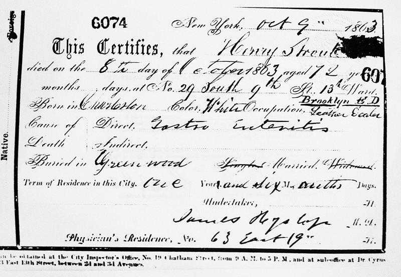 Death Certificate:  Henry STROUB