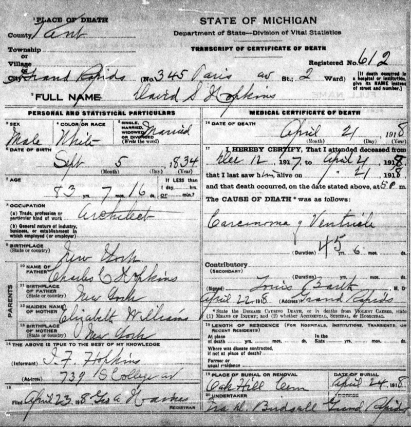 Death Certificate of David S. HOPKINS.
