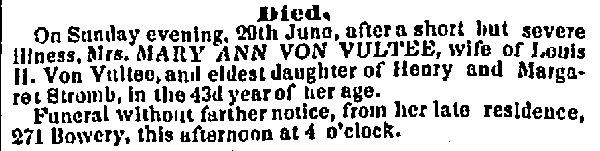 Newspaper notice of the death of Mrs. Mary Ann (STROUB) VON VULTEE.