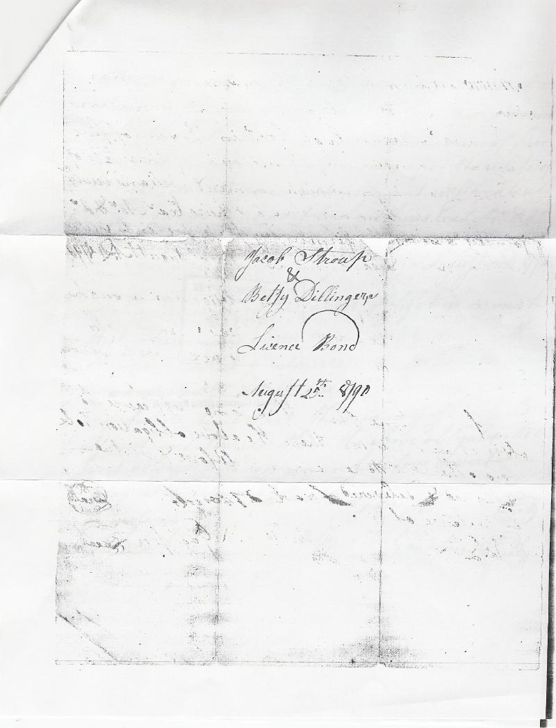 Flip side of the marriage bond of Jacob STRAUB / STROUP & Betsy DILLINGER.