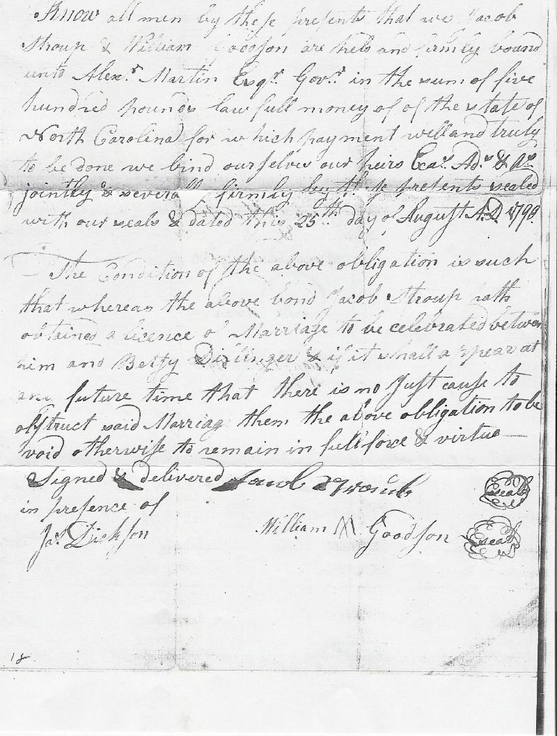 Marriage bond of Jacob STRAUB / STROUP & Betsy DILLINGER.