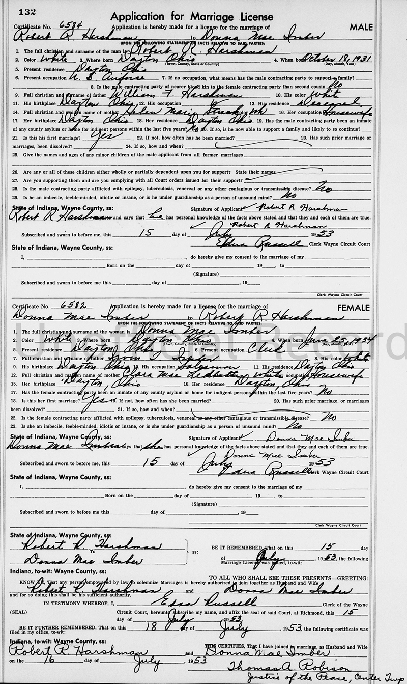 Marriage License of Robert R. HARSHMAN & Donna Mae IMBER.