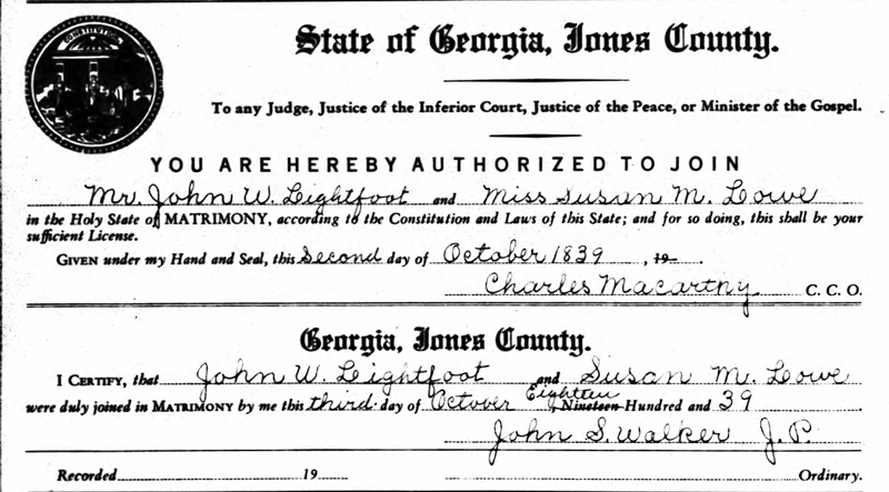 Marriage License of John W. LIGHTFOOT & Susan M. LOWE.