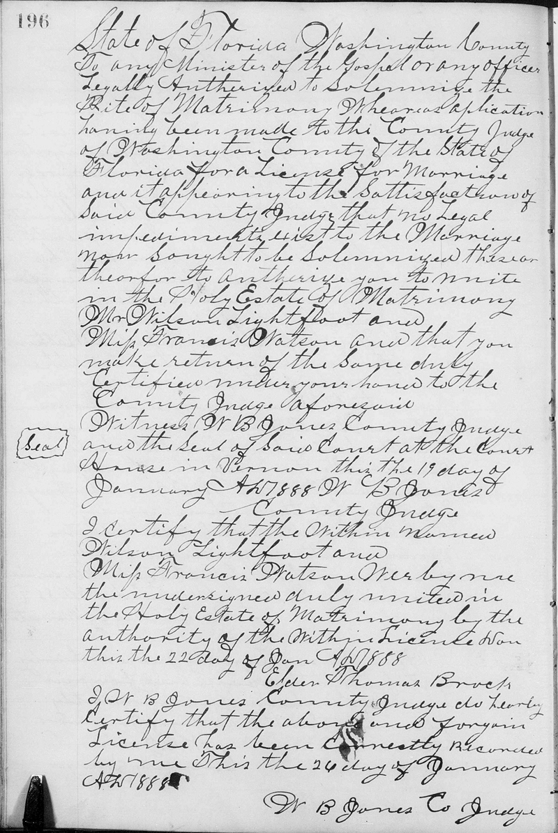 Image of Washington County, Florida, Marriage Certificate for Wilson LIGHTFOOT and Frances WATSON.