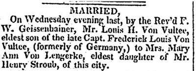 Newspaper announcement of marriage between Louis H. Von Vultee and Mary Ann Stroub.